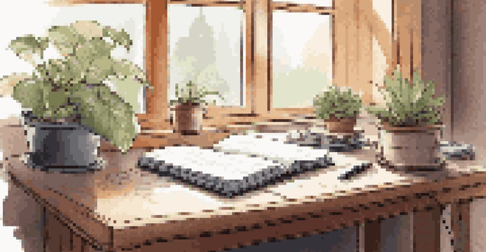 A cozy workspace with a journal, pen, and plant, illuminated by morning light, with a digital device in the background showing biohacking data.