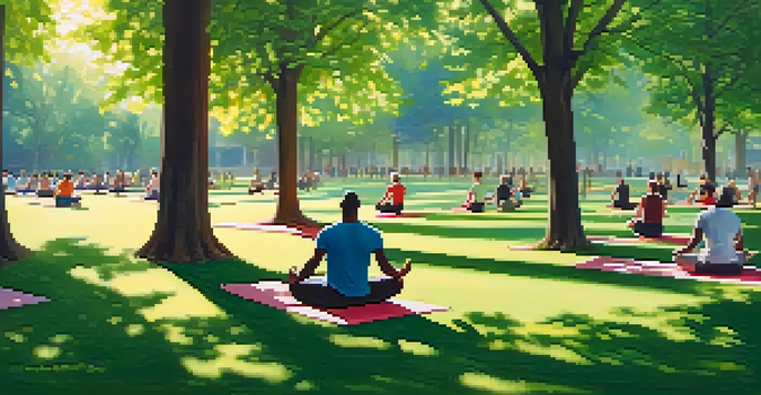 A diverse group of men practicing yoga in a sunlit park, surrounded by trees and greenery.