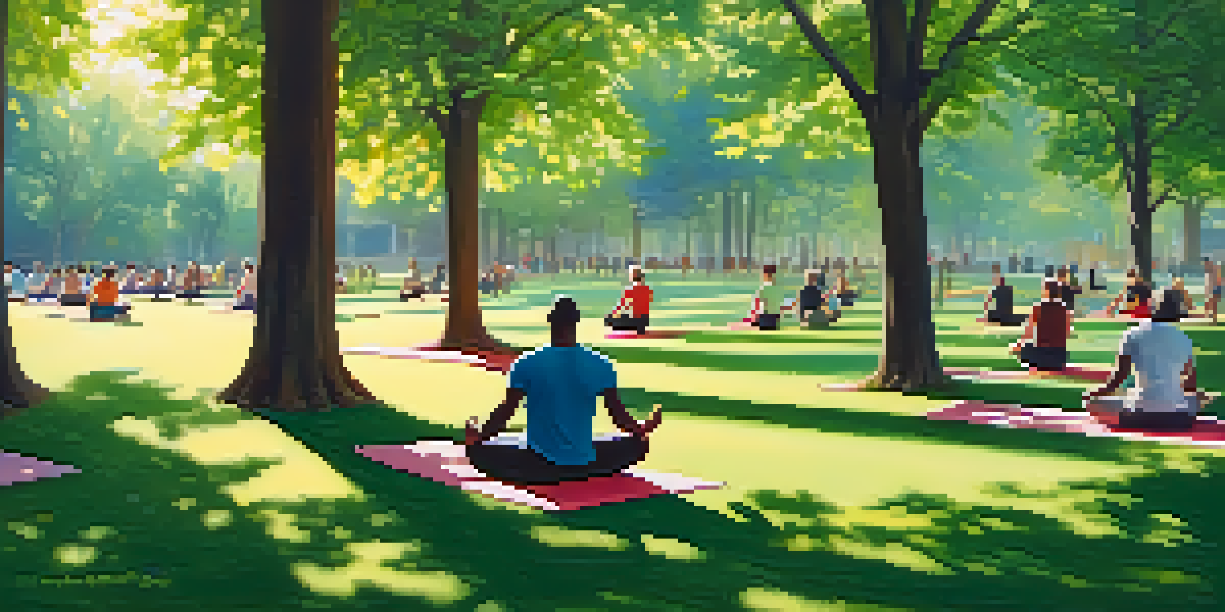A diverse group of men practicing yoga in a sunlit park, surrounded by trees and greenery.