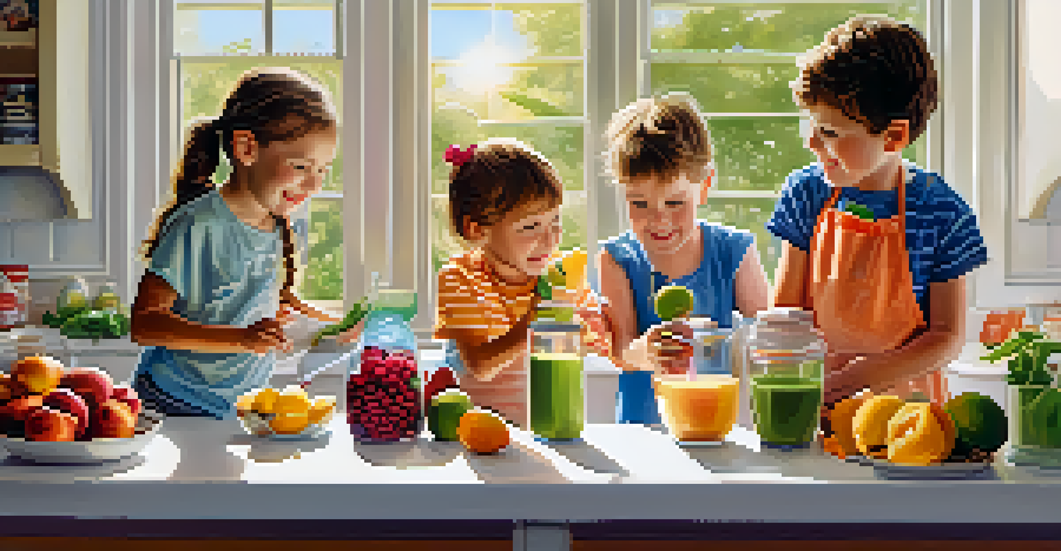 Children in a kitchen happily making smoothies, with fruits and a blender on the counter, and sunlight shining through the window.
