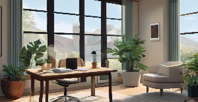 A person in a cozy home office participating in a telehealth consultation, with a laptop, natural light, and plants around.