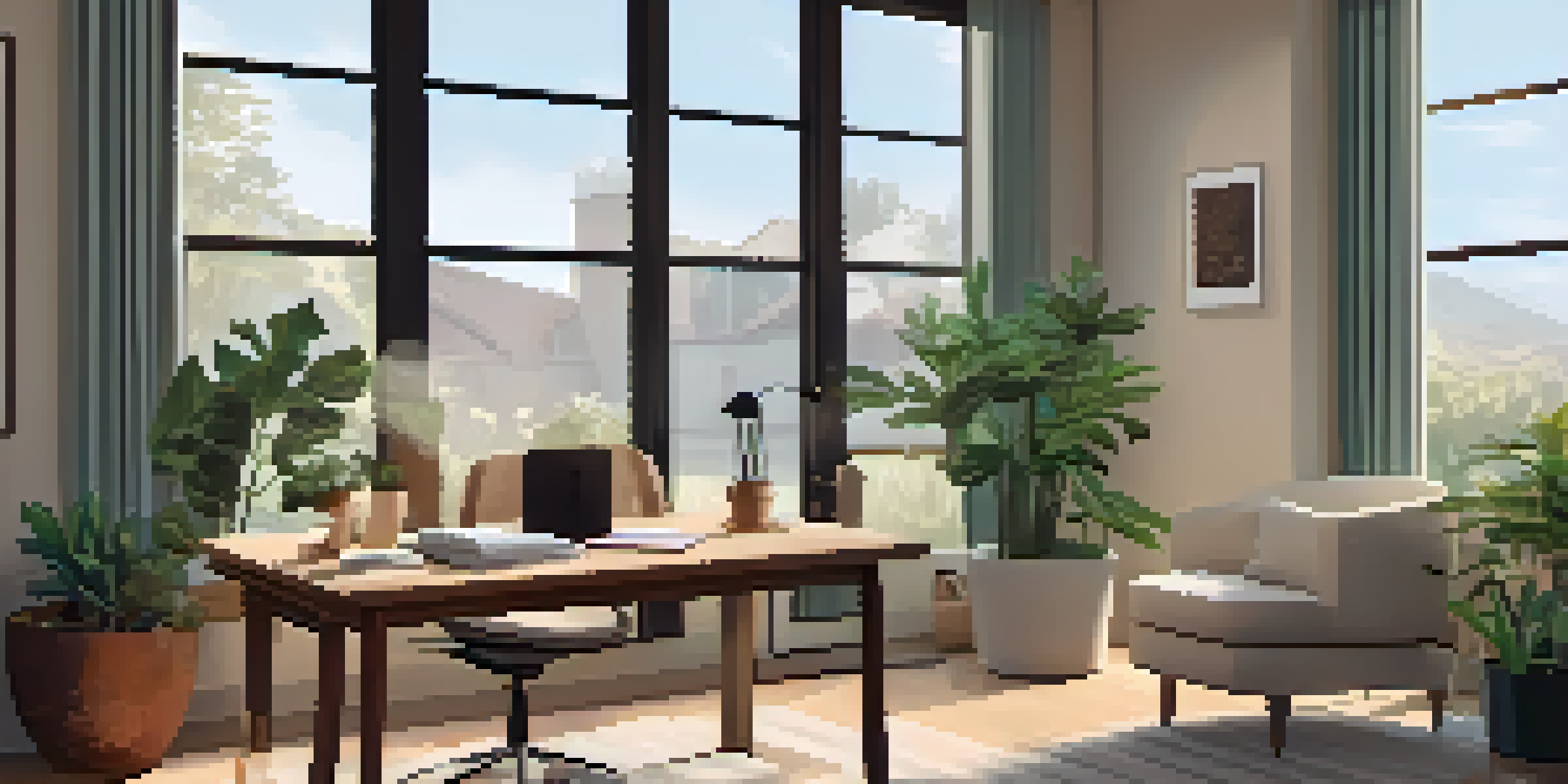 A person in a cozy home office participating in a telehealth consultation, with a laptop, natural light, and plants around.