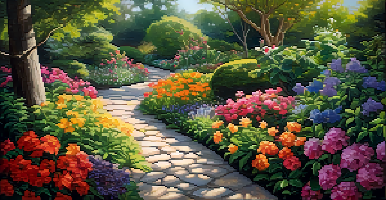 A peaceful garden with colorful flowers and a winding stone path under soft sunlight.