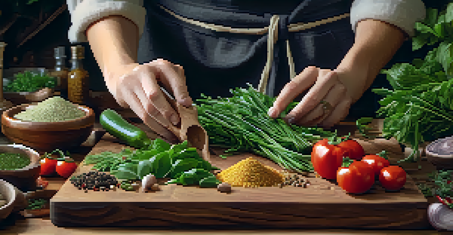 Close-up of hands chopping fresh herbs on a wooden cutting board, surrounded by colorful spices and vegetables in a cozy kitchen.