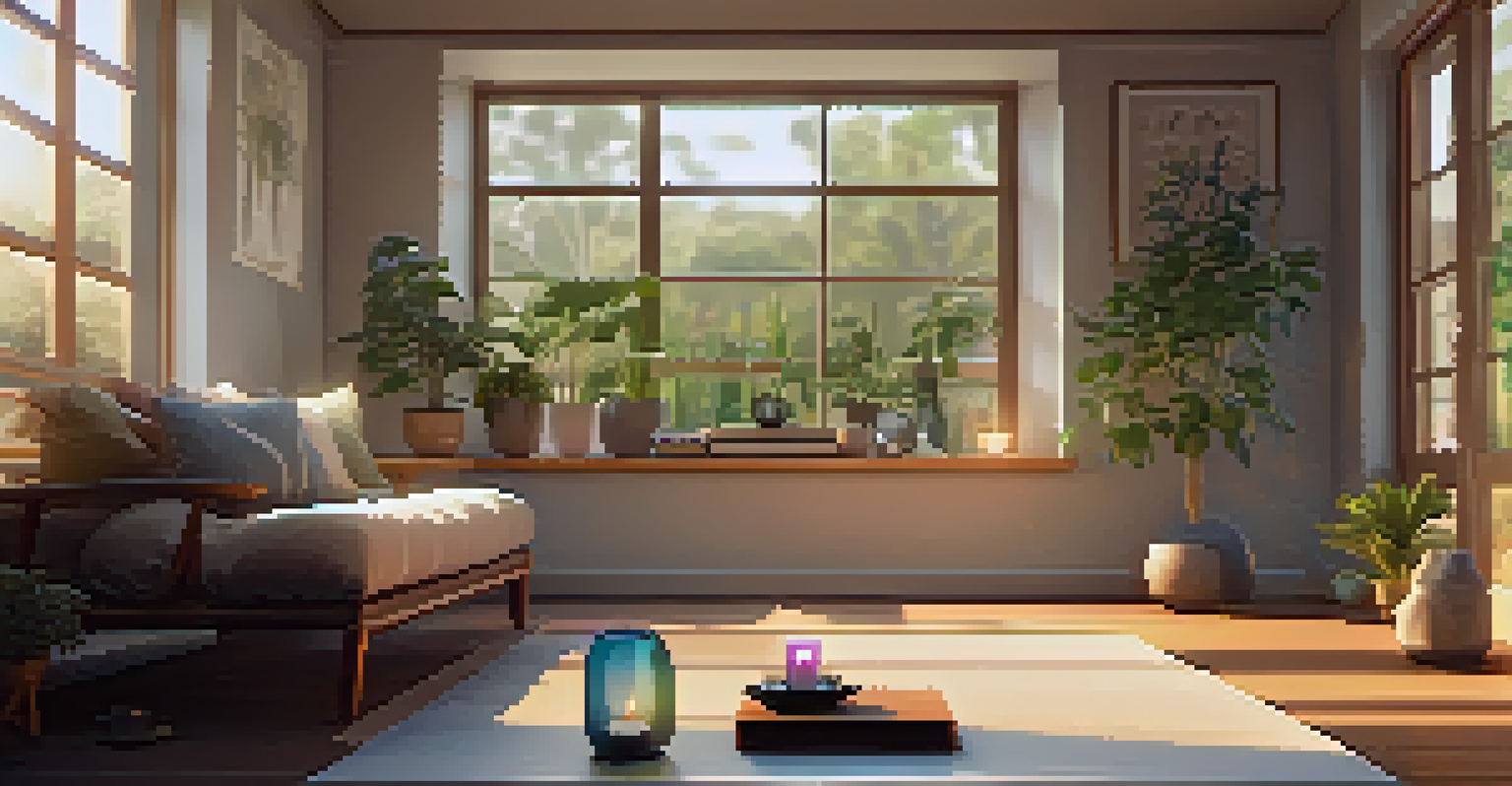 A cozy indoor space for mindfulness rituals, with a yoga mat, cushions, a candle, and a gratitude journal, evoking a sense of calm.