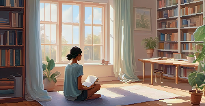 A student practicing mindfulness in a bright and serene study space, surrounded by books and a plant.