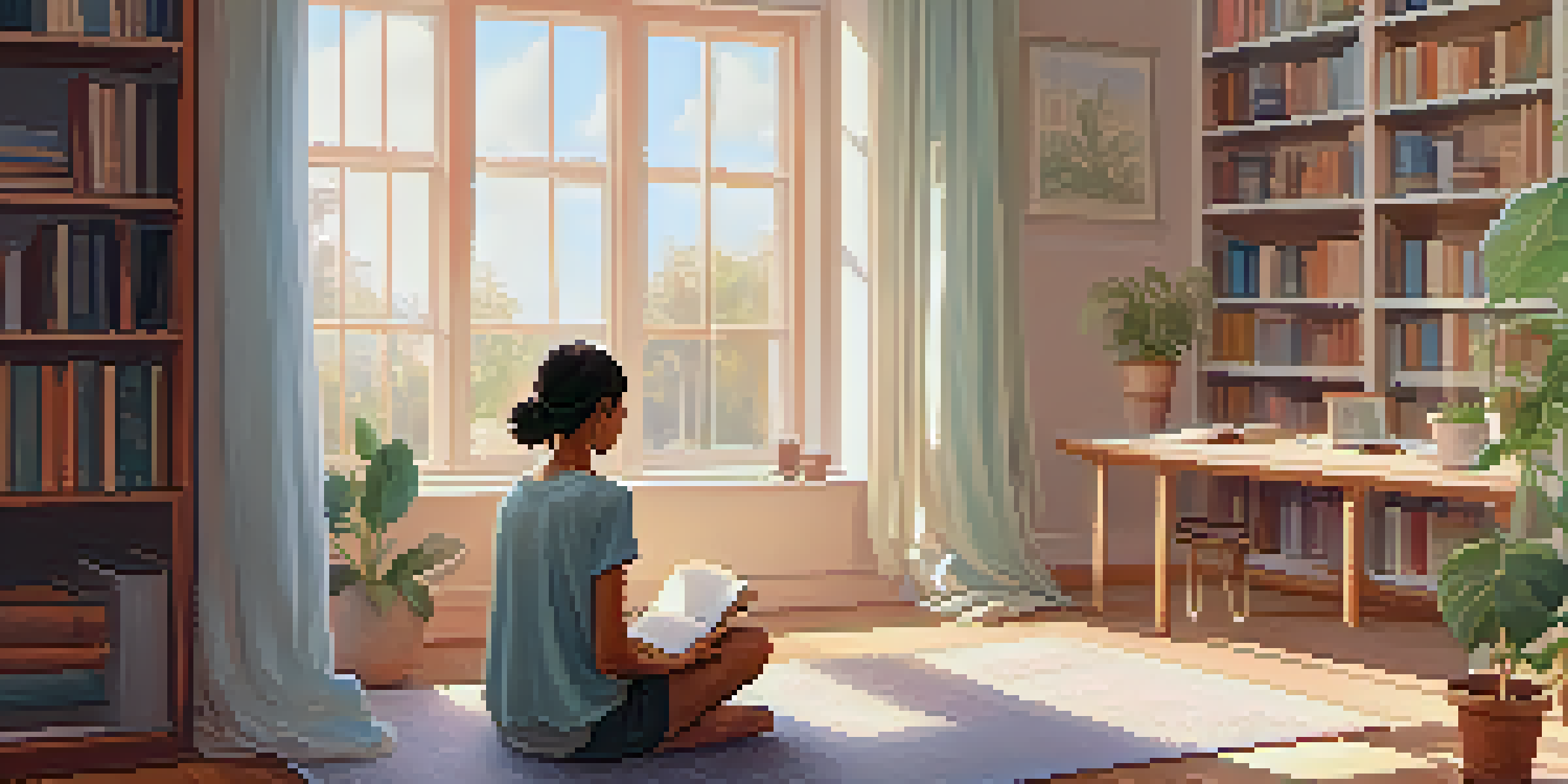 A student practicing mindfulness in a bright and serene study space, surrounded by books and a plant.
