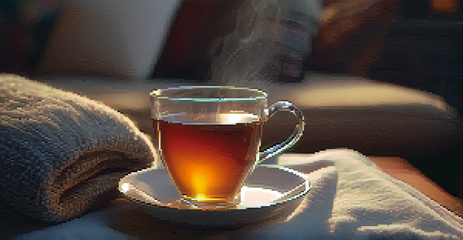 A hand holding a steaming mug of tea against a blurred background of a cozy living room with warm lighting and a candle.