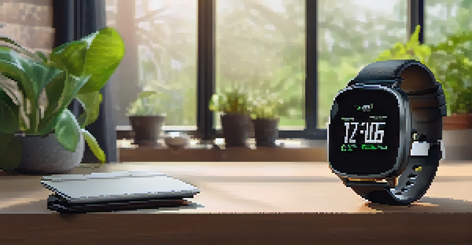 A smartwatch on a wooden desk showing health metrics, with green plants nearby and morning light coming through a window.
