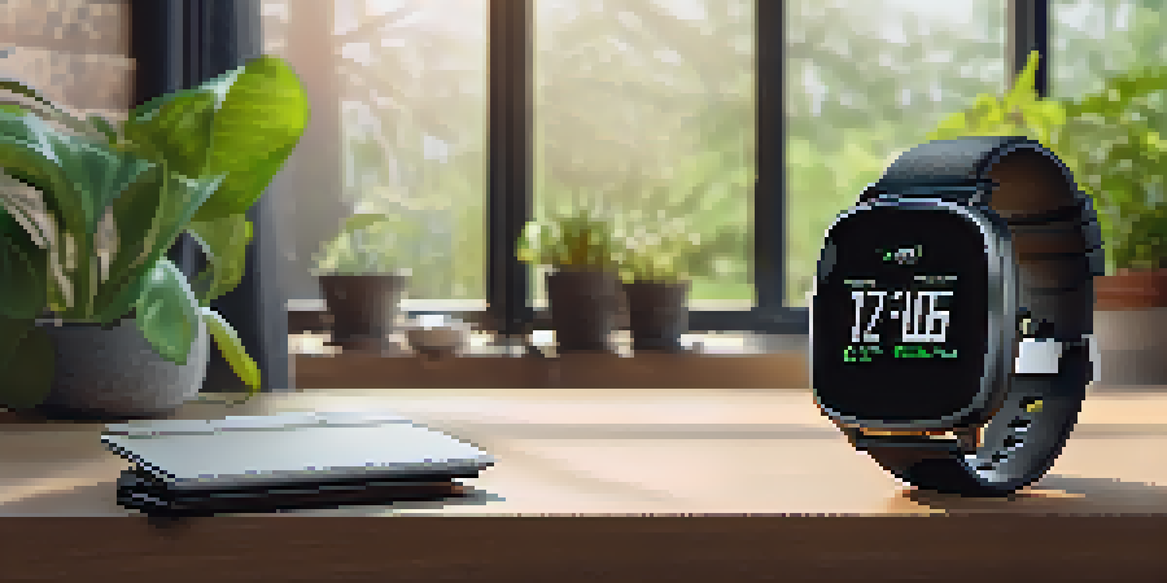 A smartwatch on a wooden desk showing health metrics, with green plants nearby and morning light coming through a window.