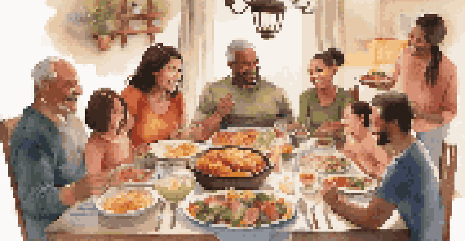 A family enjoying a meal together and sharing gratitude, smiling and engaged in conversation.