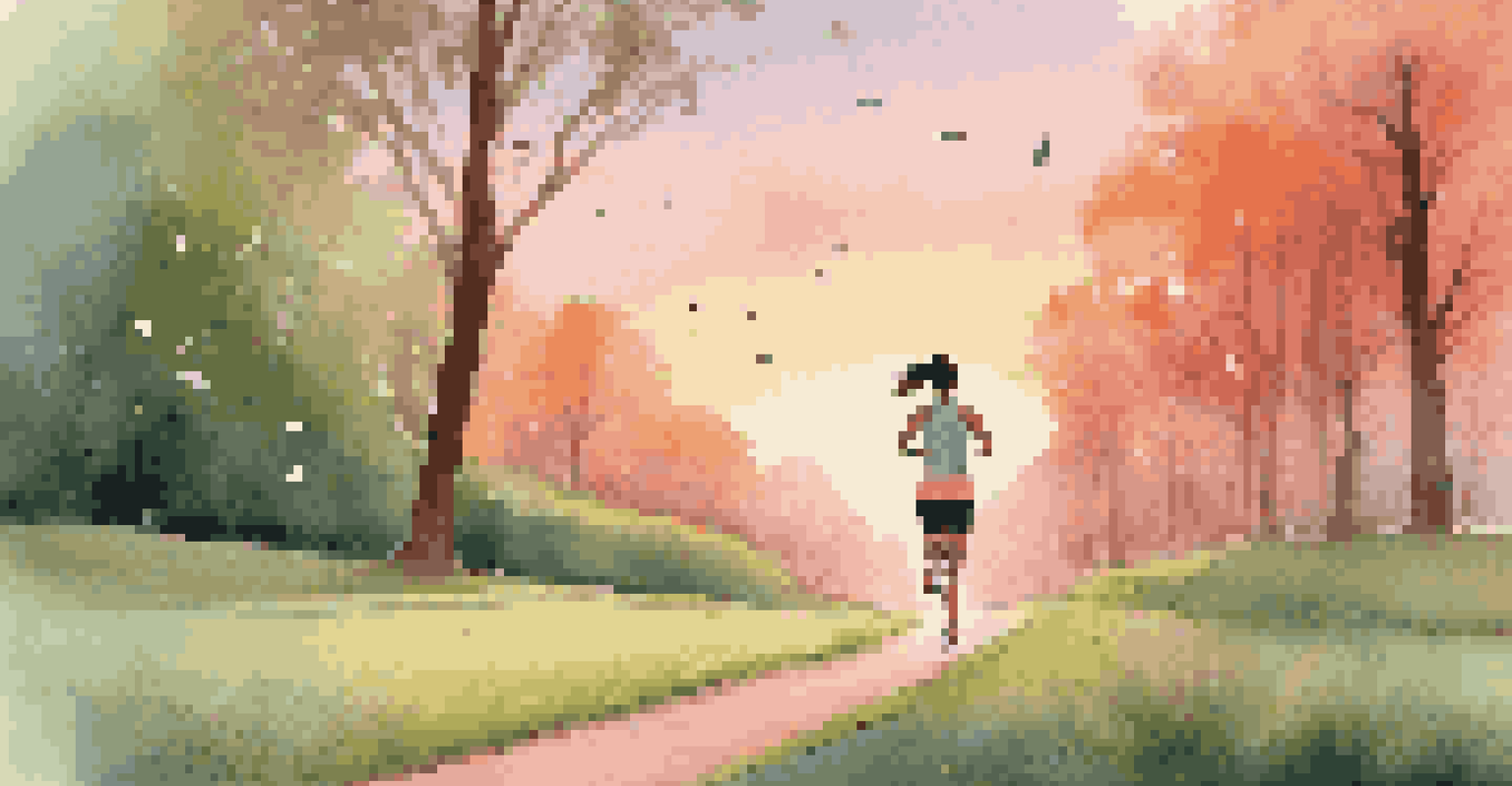 A person jogging in a green park at sunrise, with a fitness tracker on their wrist and a colorful sky.