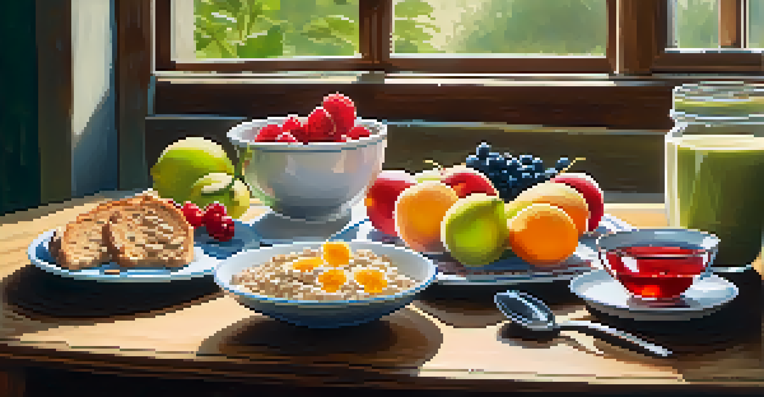 A breakfast table featuring healthy food options like oatmeal, a smoothie, and herbal tea, illuminated by morning sunlight.