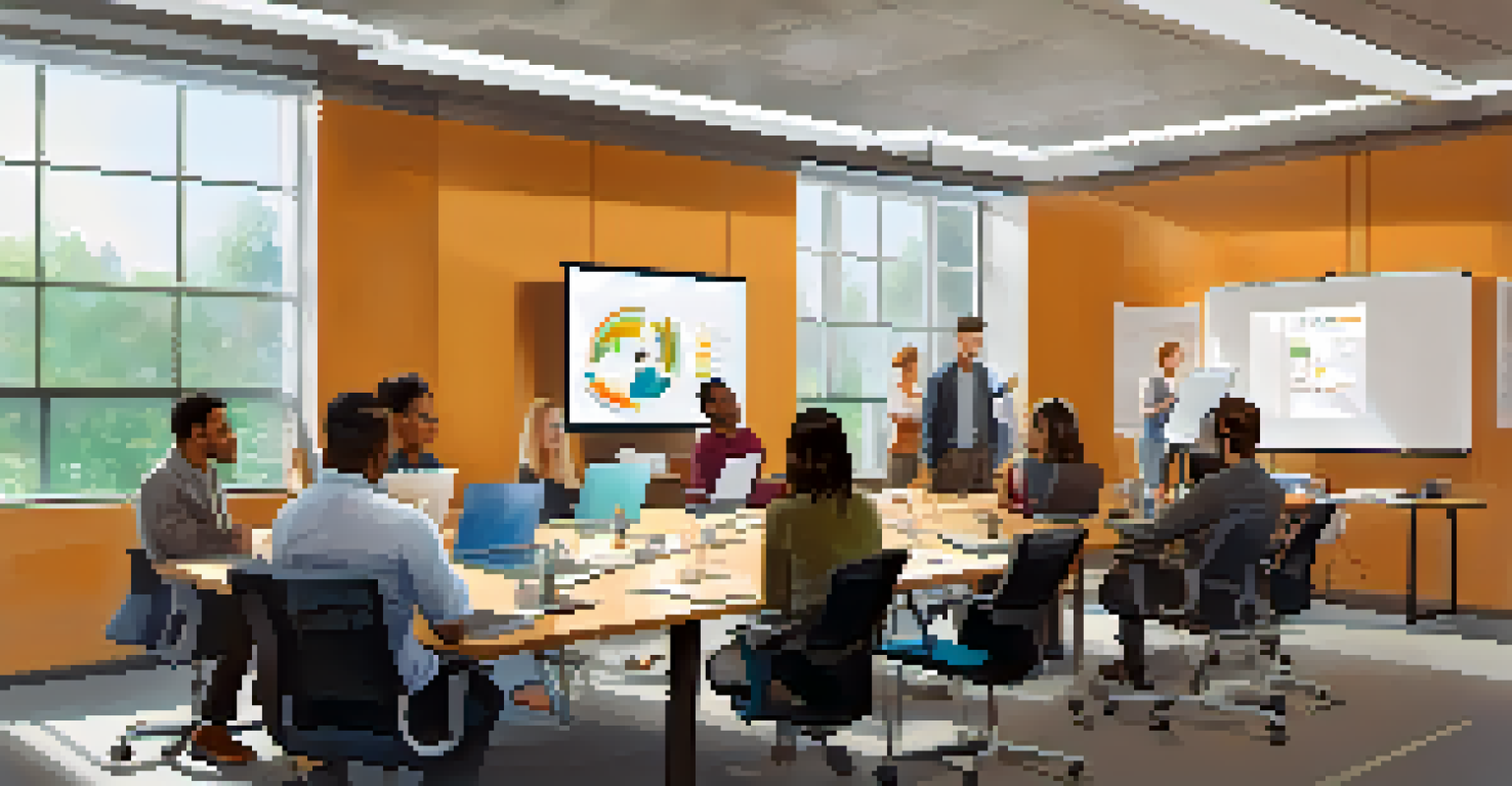 A diverse group of employees in a modern office participating in a diversity training session, with a projector displaying information on inclusion.