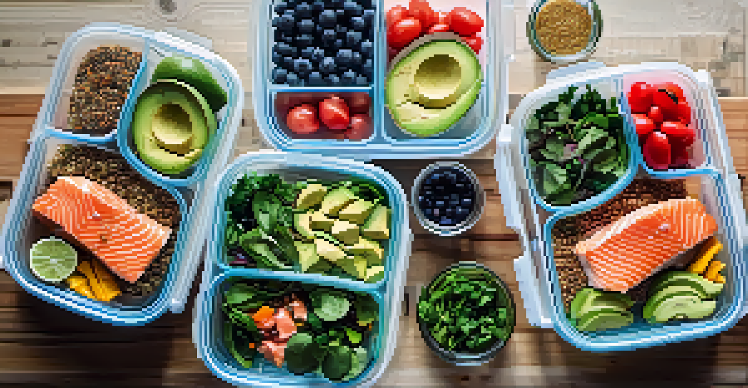 An overhead view of meal prep containers filled with greens, avocado, quinoa, and salmon, alongside a notepad for meal planning.