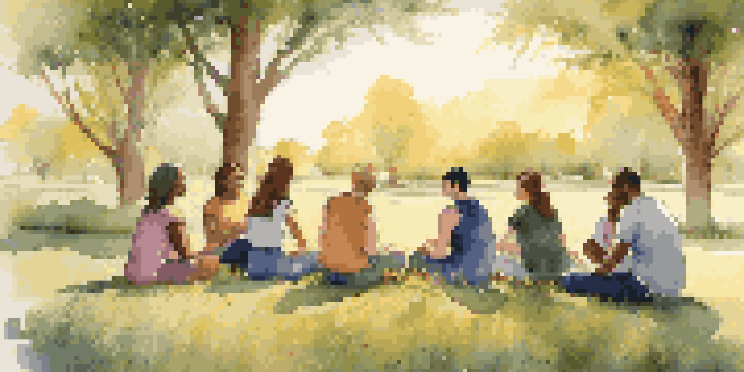 A diverse group of individuals in a supportive outdoor gathering, surrounded by greenery and warm sunlight.