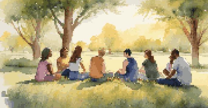 A diverse group of individuals in a supportive outdoor gathering, surrounded by greenery and warm sunlight.
