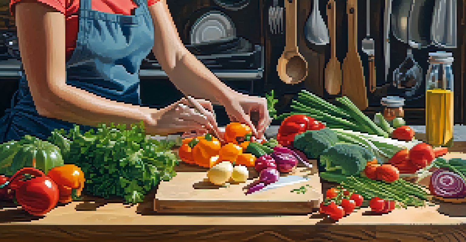 A close-up of a woman's hands chopping fresh vegetables on a wooden cutting board in a bright kitchen.