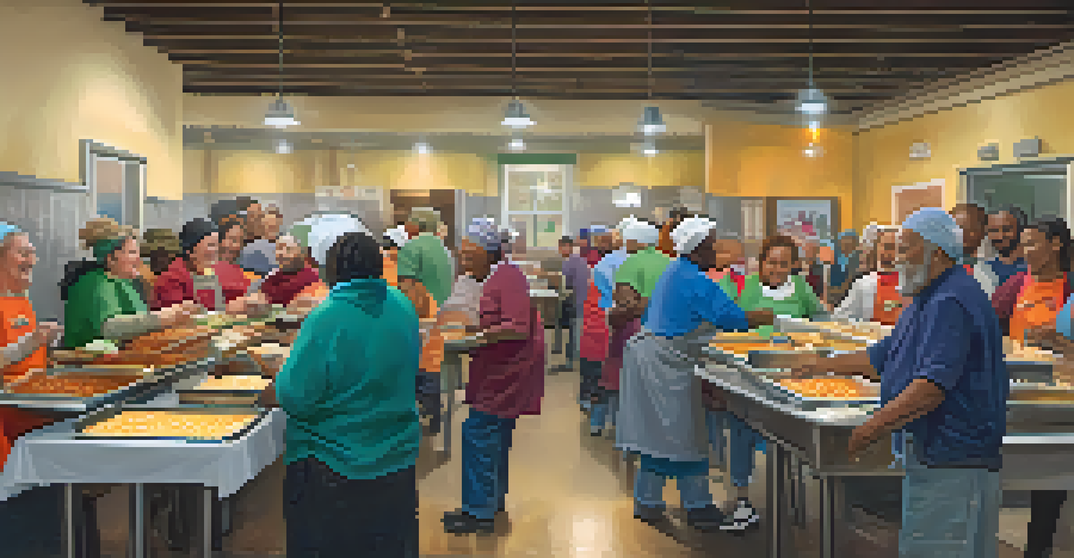 Volunteers serving hot meals at a soup kitchen, creating a warm and welcoming atmosphere with smiling faces and colorful food trays.