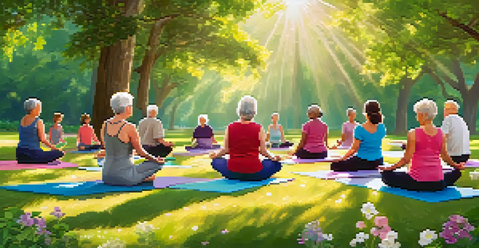 A group of elderly individuals practicing yoga in a sunny park, surrounded by nature and colorful mats.