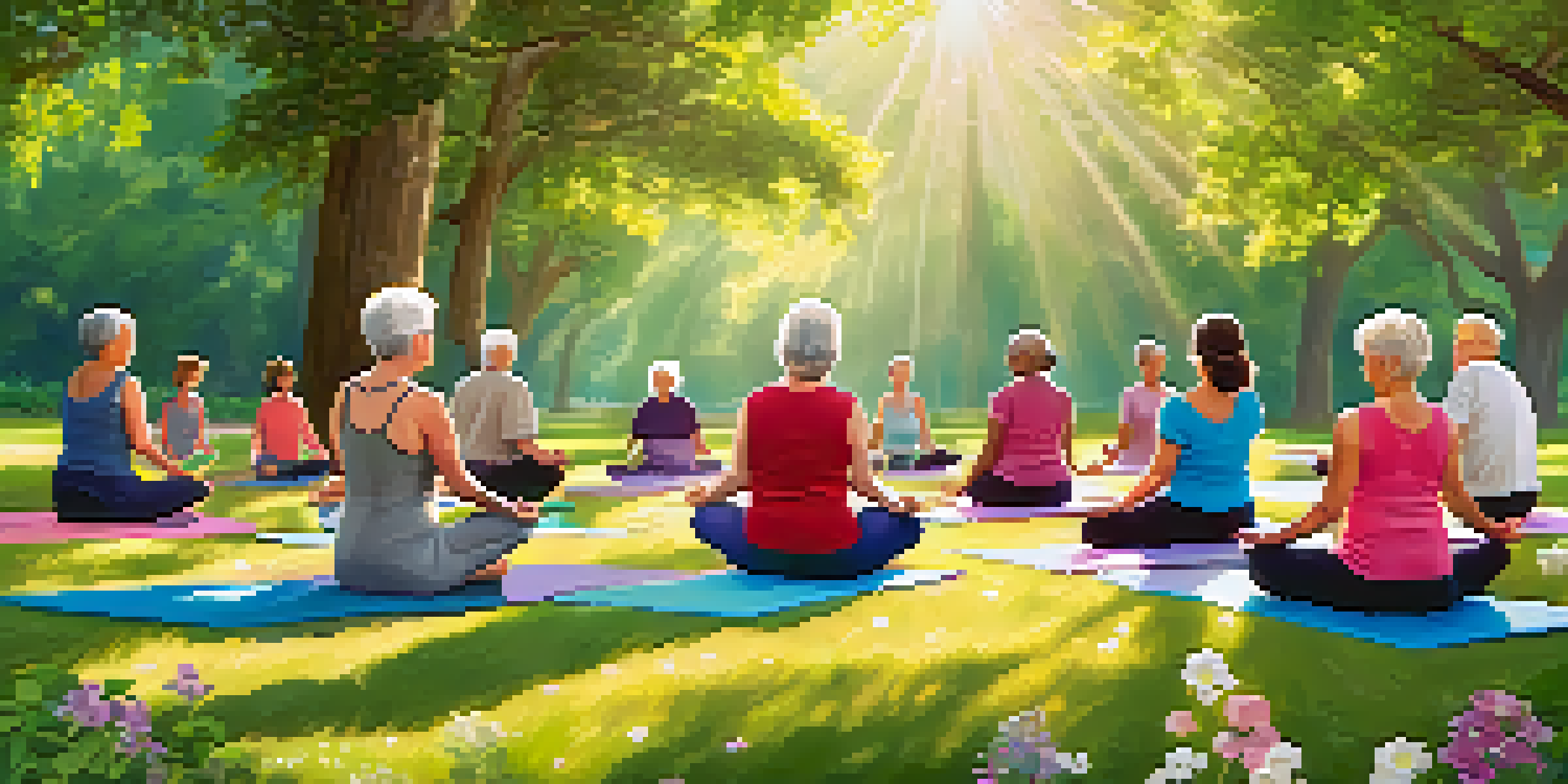 A group of elderly individuals practicing yoga in a sunny park, surrounded by nature and colorful mats.
