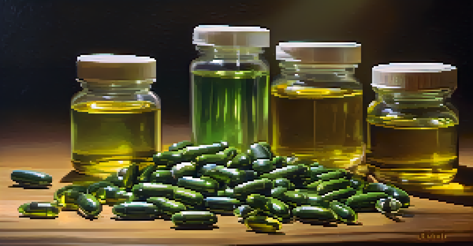 An artistic arrangement of fish oil capsules and algae-based tablets on a wooden table, with green leaves scattered around.