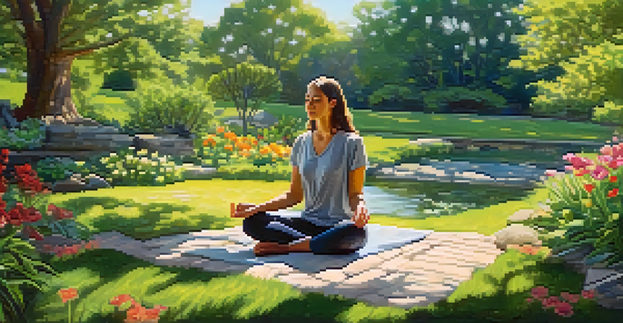 A person meditating in a peaceful garden filled with colorful flowers and greenery, with sunlight filtering through the trees.