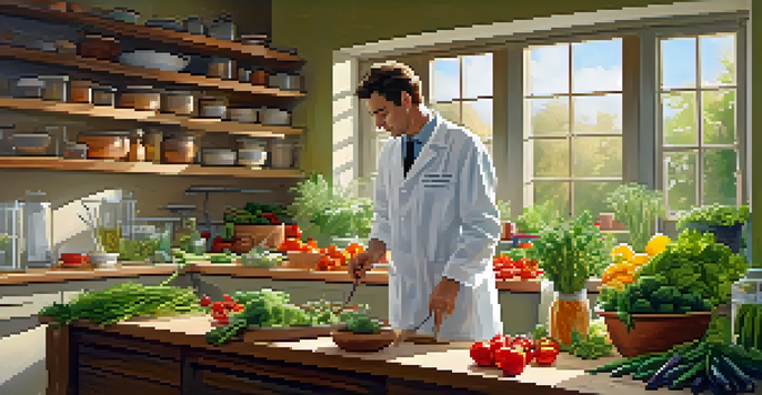 A doctor in a bright kitchen demonstrating cooking with fresh vegetables and herbs under natural sunlight.