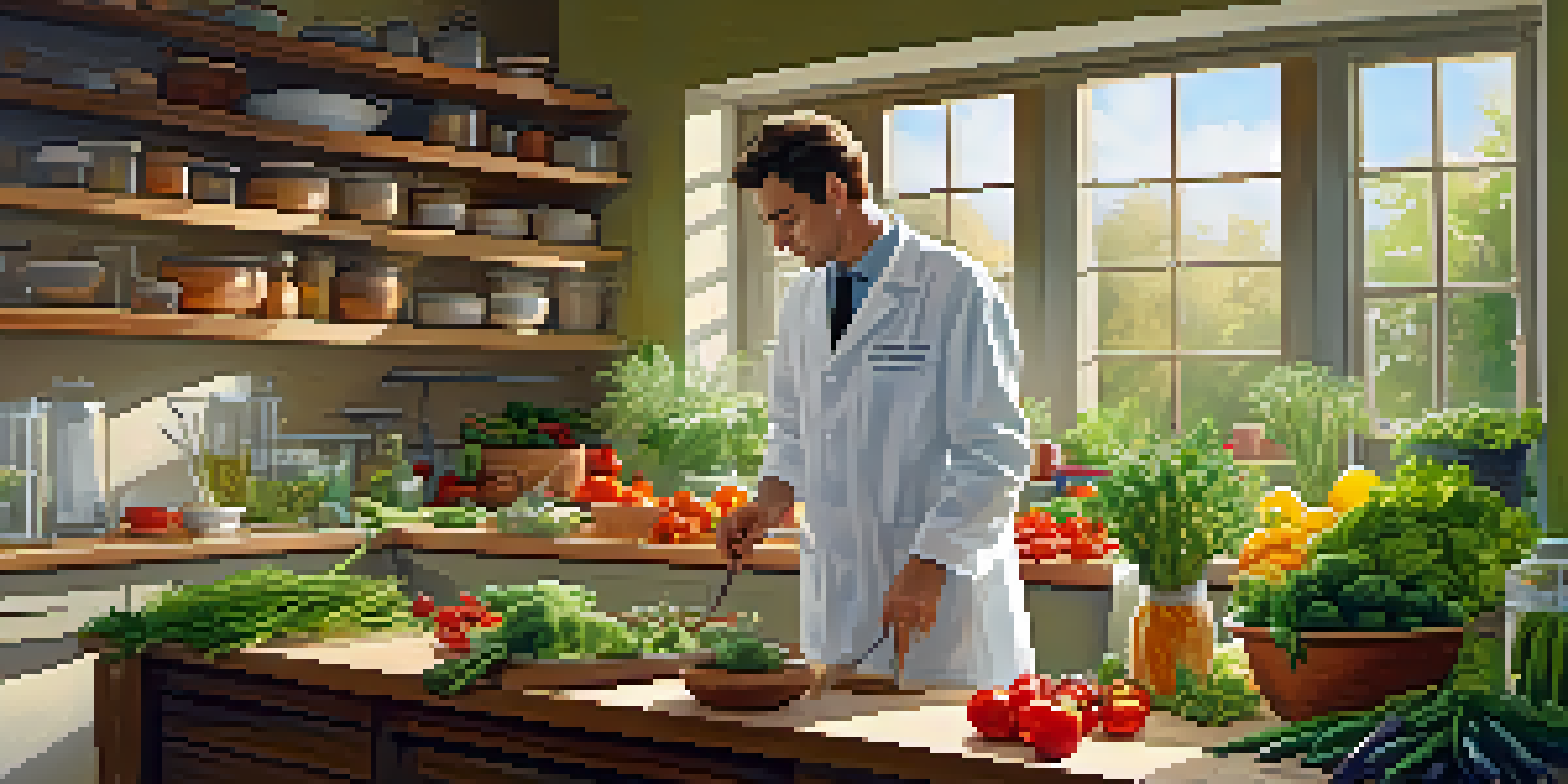 A doctor in a bright kitchen demonstrating cooking with fresh vegetables and herbs under natural sunlight.