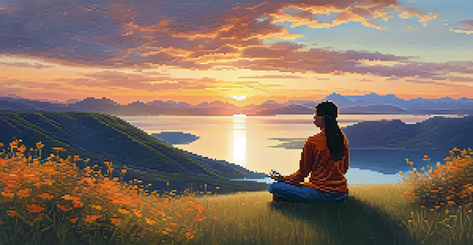 A person meditating on a grassy hilltop during sunset, with vibrant colors in the sky and a tranquil lake.