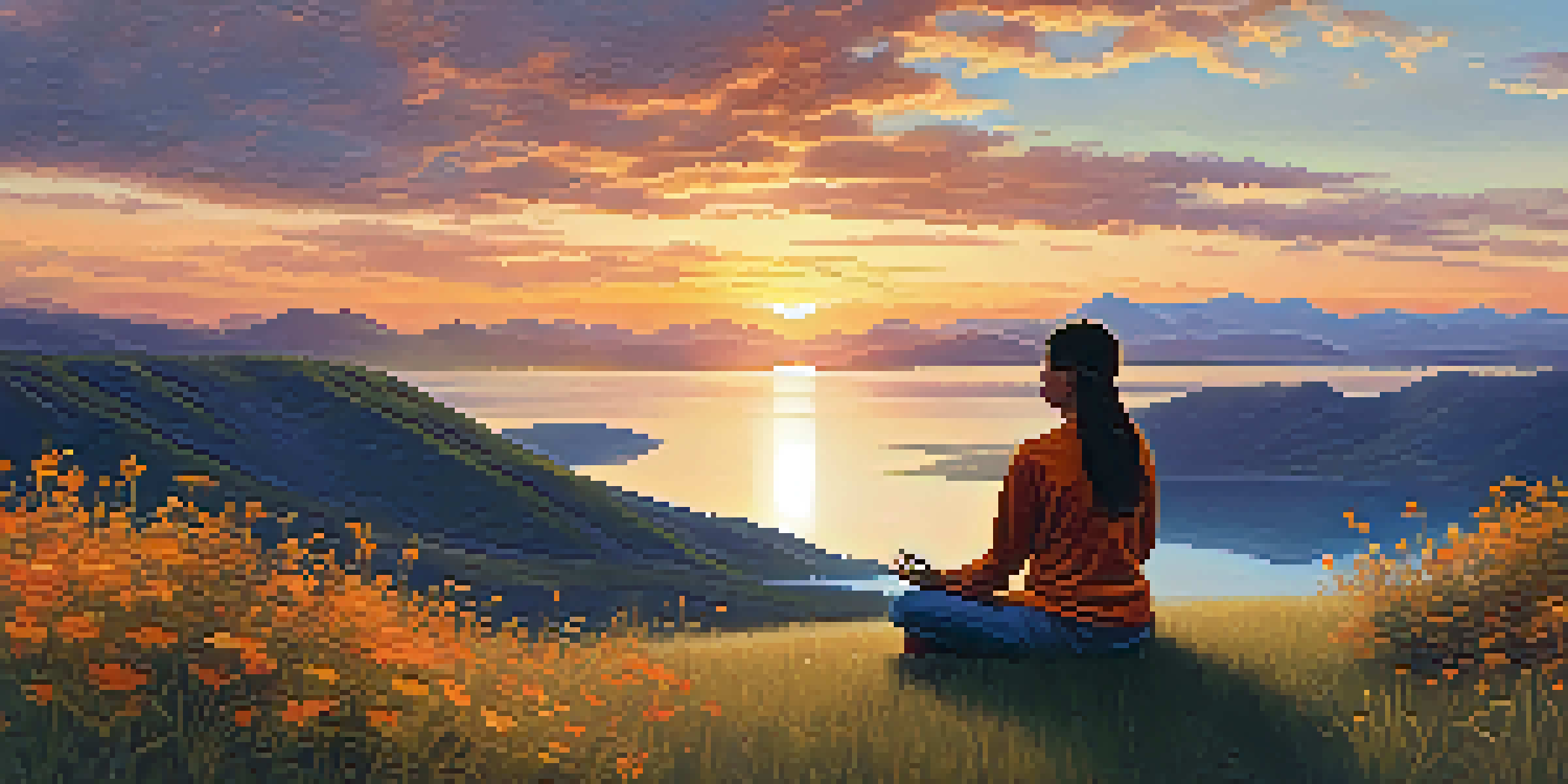 A person meditating on a grassy hilltop during sunset, with vibrant colors in the sky and a tranquil lake.
