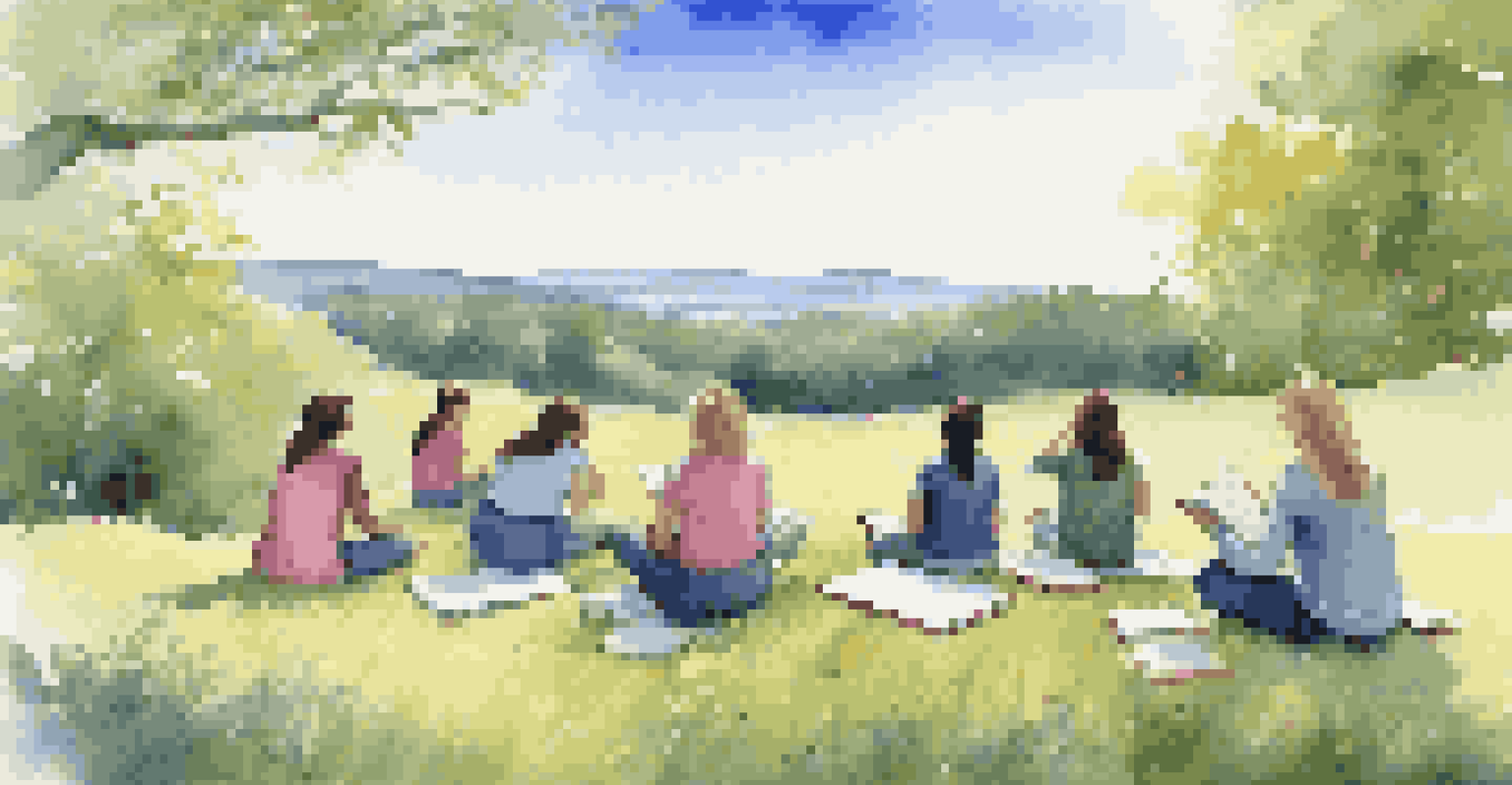 Students writing in journals on a grassy hill, participating in a mindfulness exercise led by a teacher.