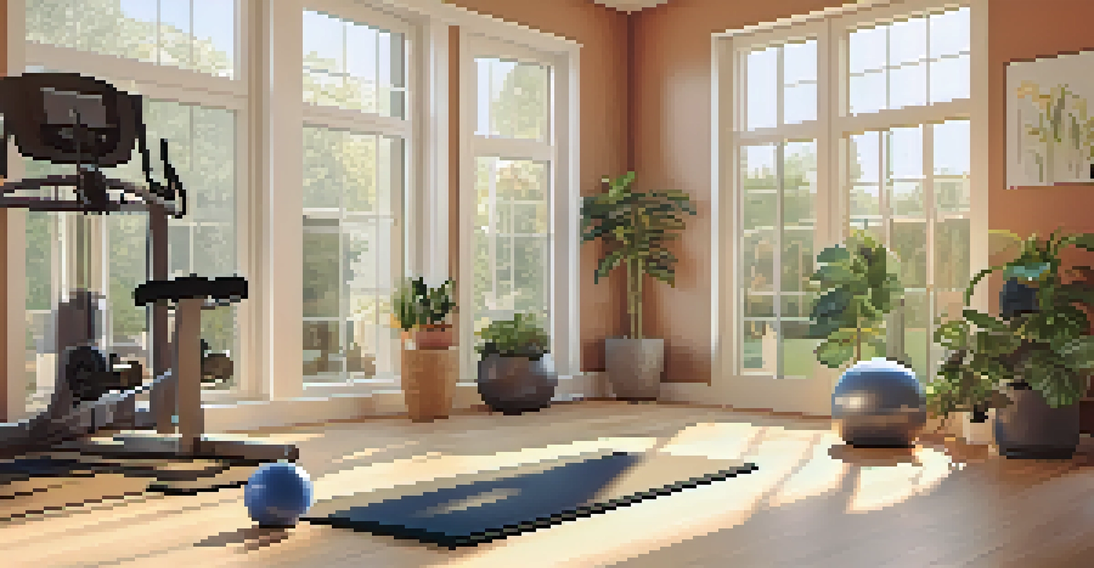 A home gym with a yoga mat, dumbbells, and a stability ball in a bright and inviting space.
