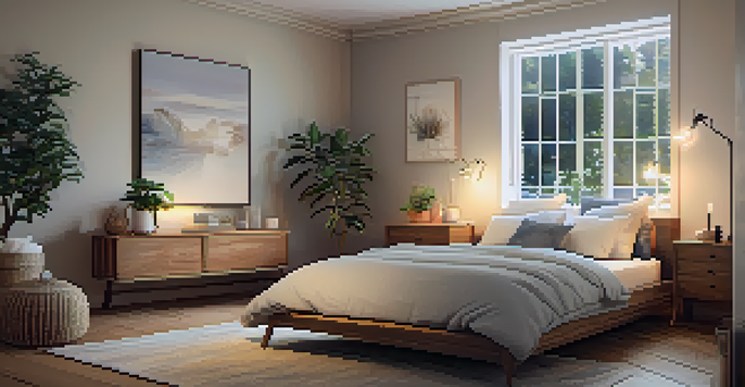 A cozy bedroom with warm lighting, soft pillows, and calming decor, creating a peaceful atmosphere for sleep.