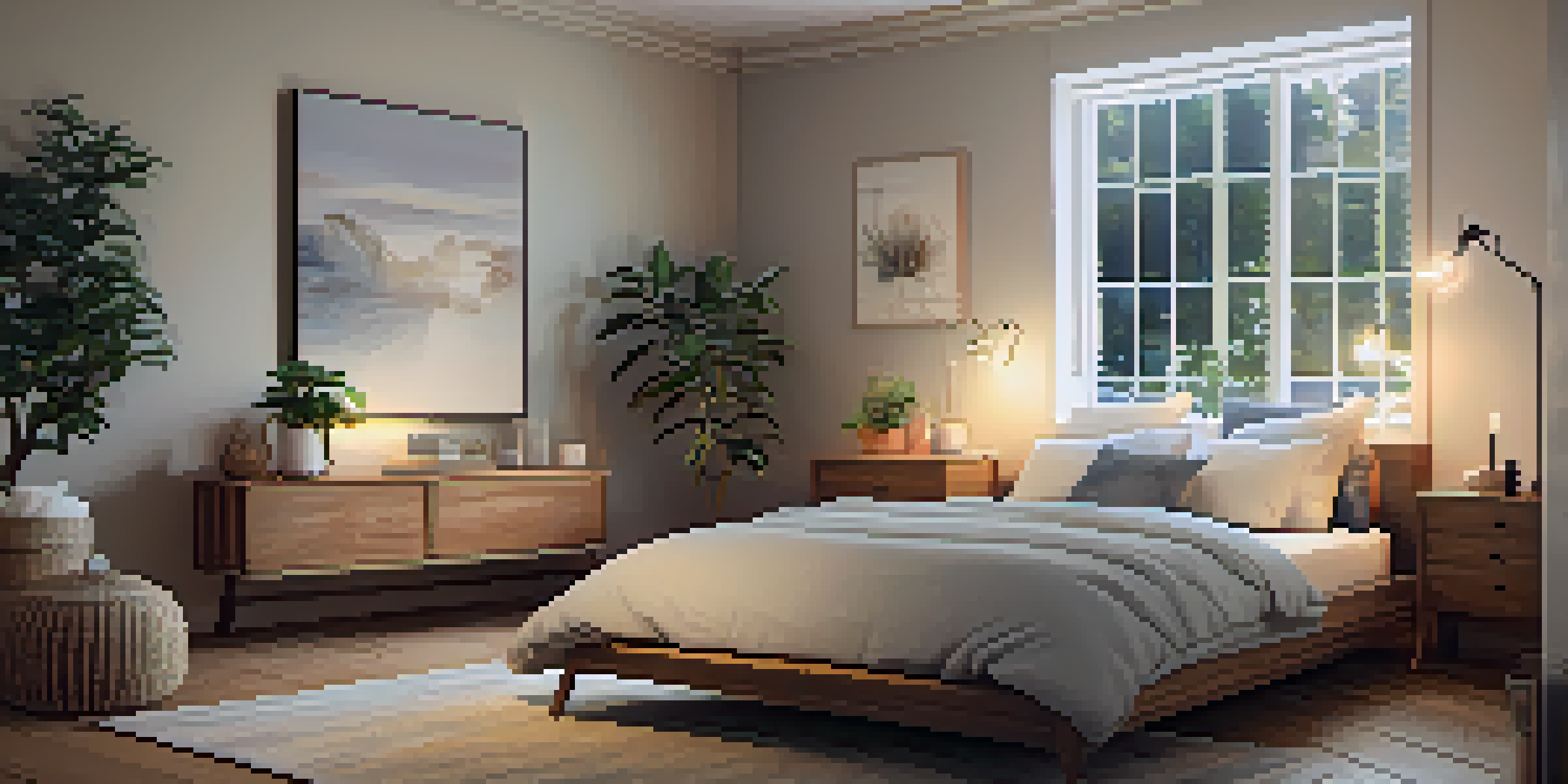 A cozy bedroom with warm lighting, soft pillows, and calming decor, creating a peaceful atmosphere for sleep.