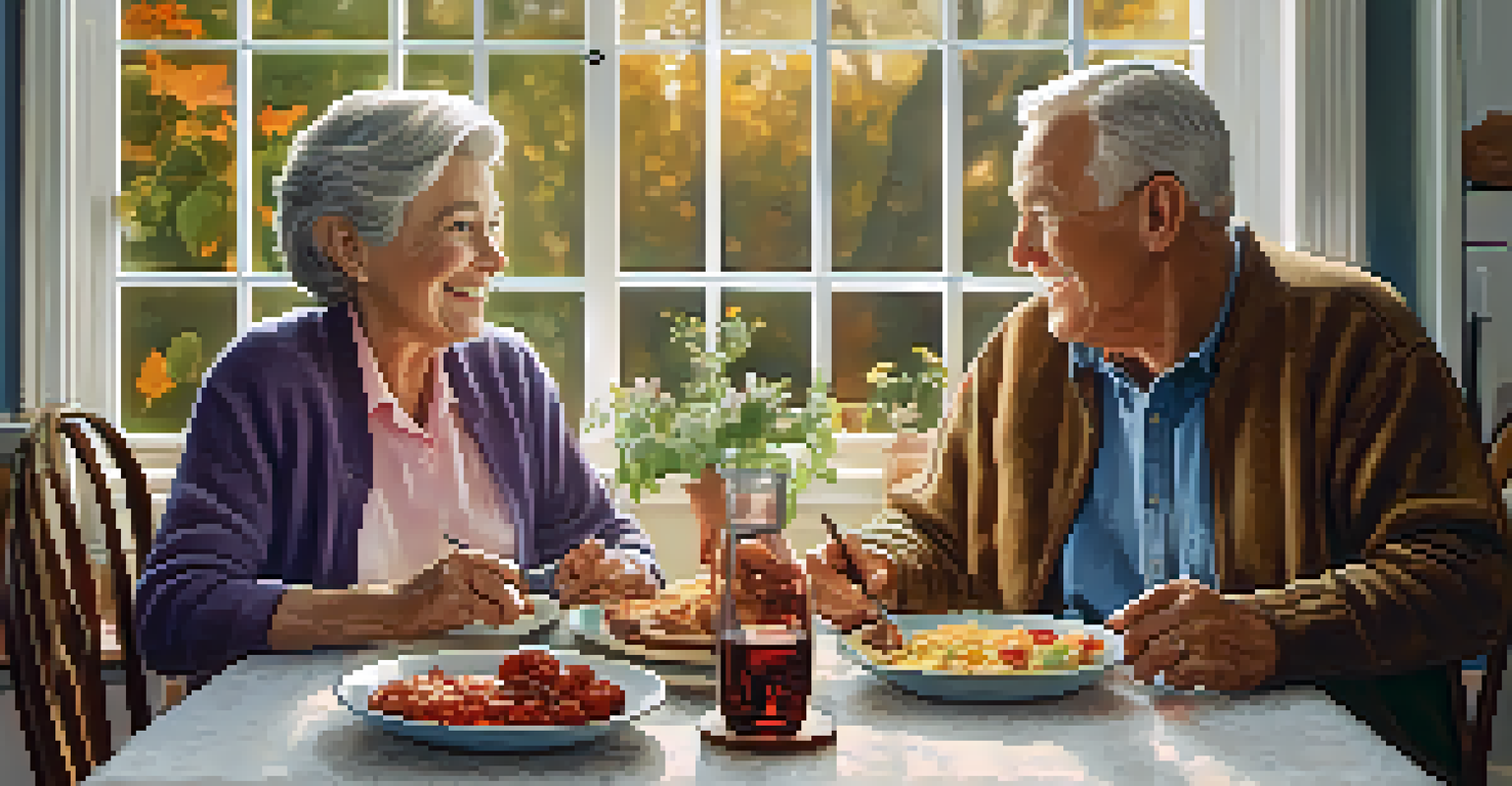 An elderly couple enjoying a healthy meal together at a kitchen table, smiling and engaged in conversation, with heart-healthy foods on their plates.