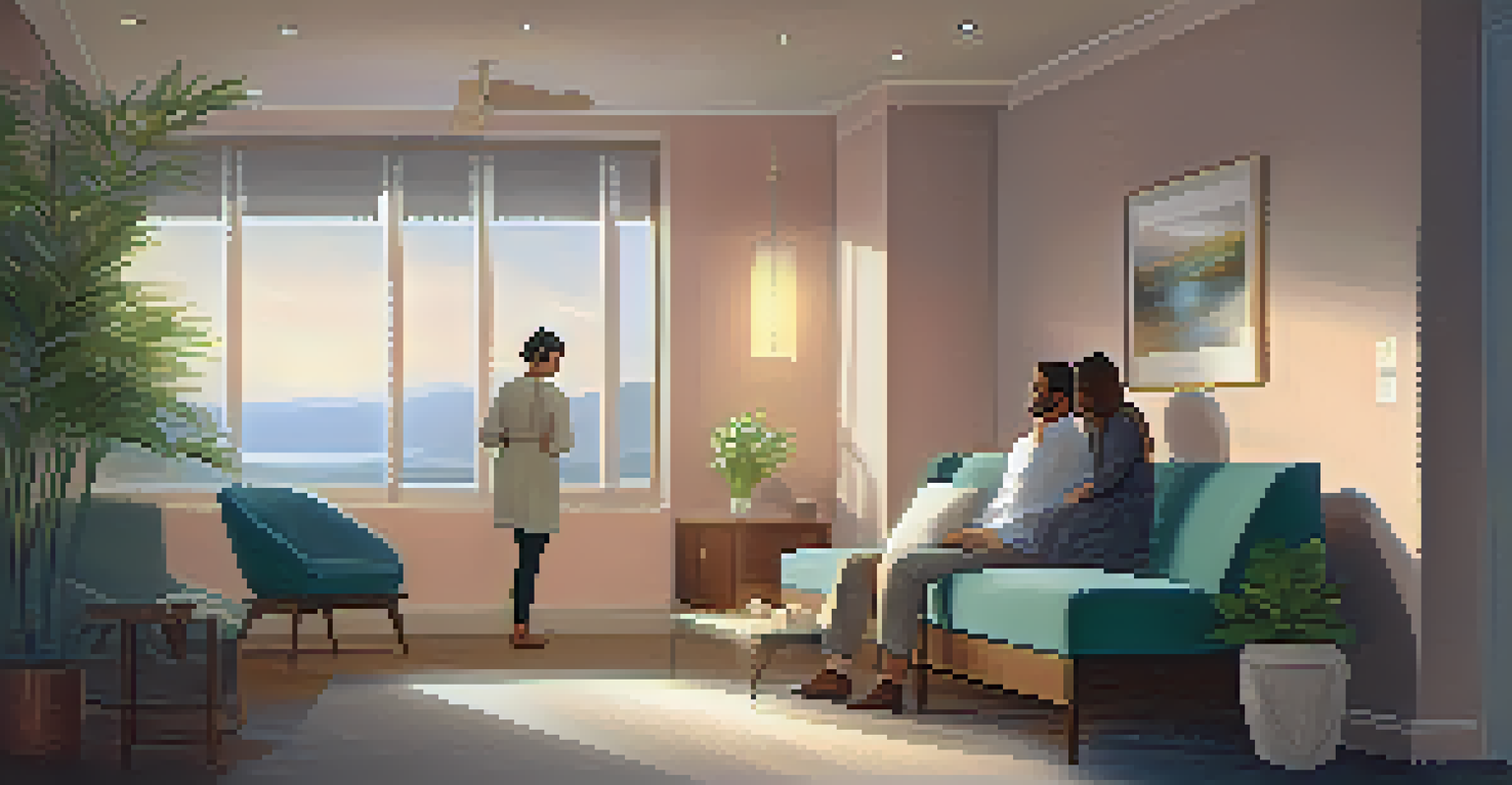 A therapist gently placing a hand on a client's shoulder in a calming therapy room, emphasizing the healing power of touch.