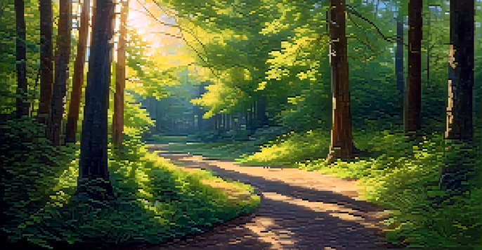 A peaceful forest path illuminated by golden sunlight filtering through the trees, creating a serene and inviting atmosphere.