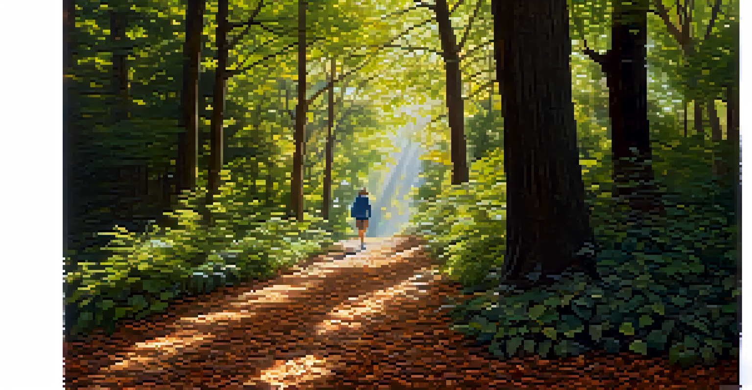 A person walking slowly on a forest path surrounded by tall trees and sunlight filtering through the leaves, emphasizing mindfulness in nature.