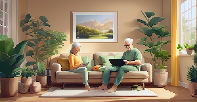 An elderly couple in a living room using a fitness app on a tablet, with a yoga mat and plants around them.
