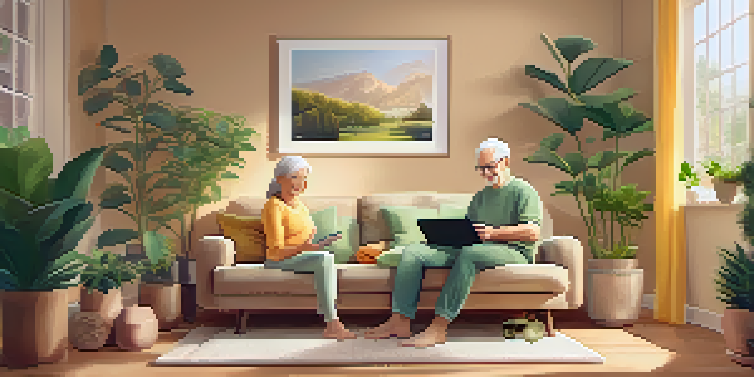 An elderly couple in a living room using a fitness app on a tablet, with a yoga mat and plants around them.