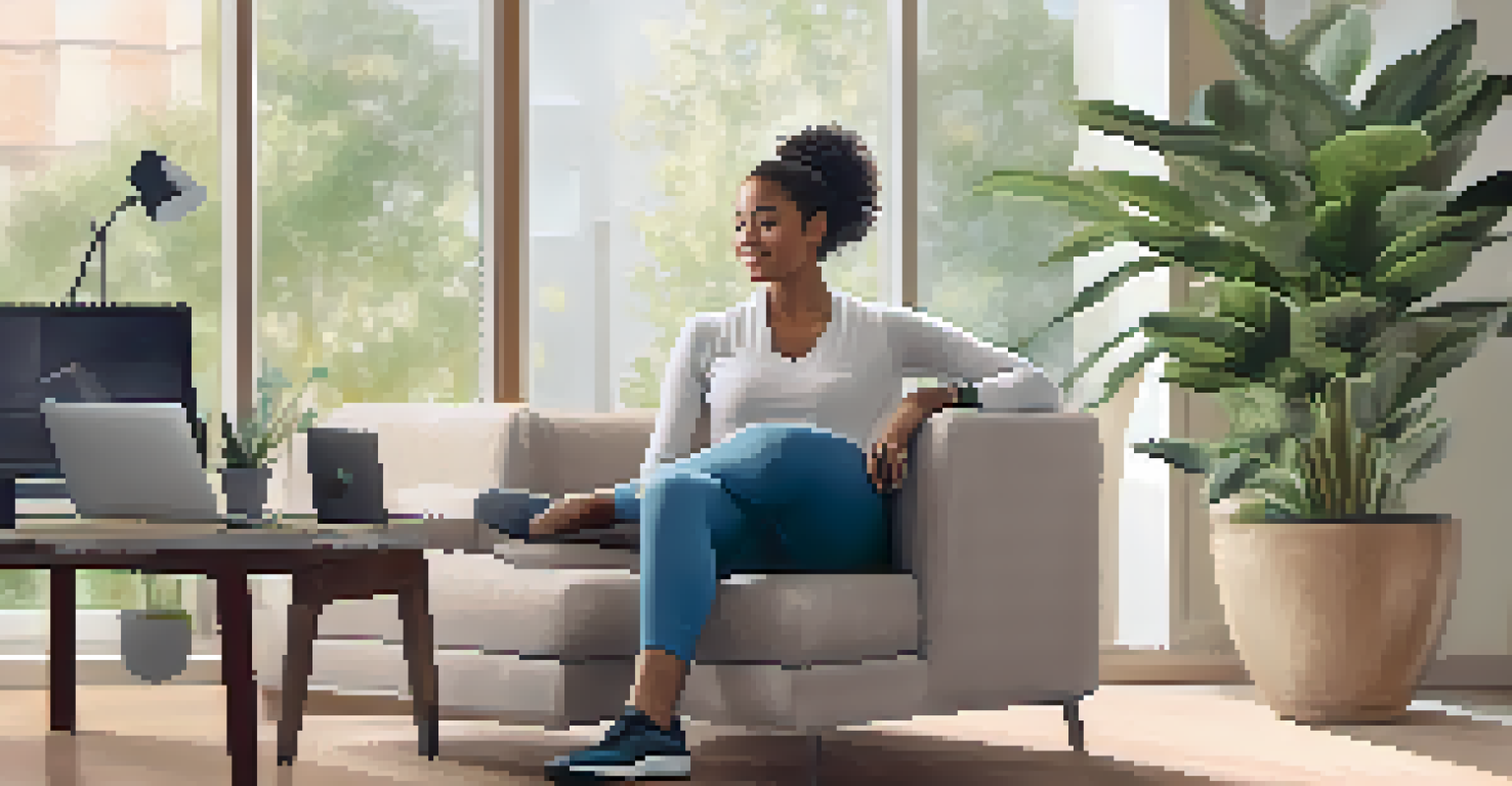 An employee stretching in a cozy office nook while using a wearable fitness tracker, surrounded by calming decor and soft lighting.