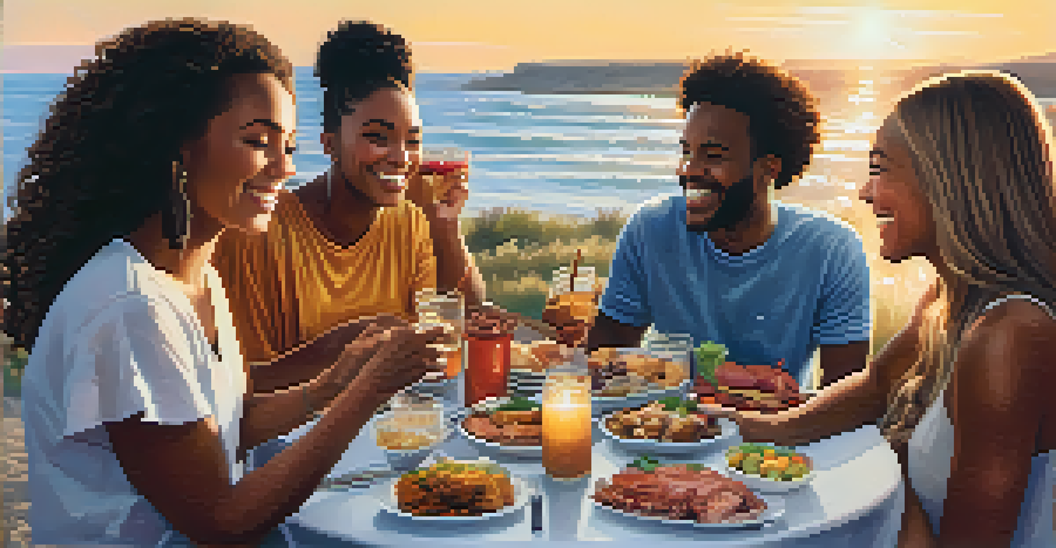 A diverse group of friends sitting at an outdoor table, sharing gratitude, with food and drinks around them.