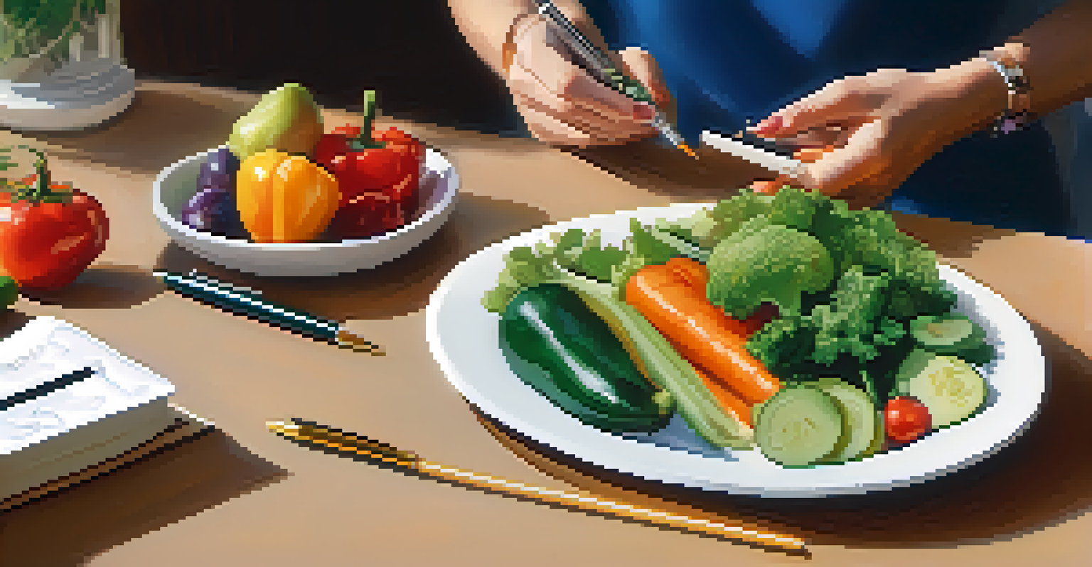 A close-up of a health coach holding a healthy meal while discussing nutrition with a client.