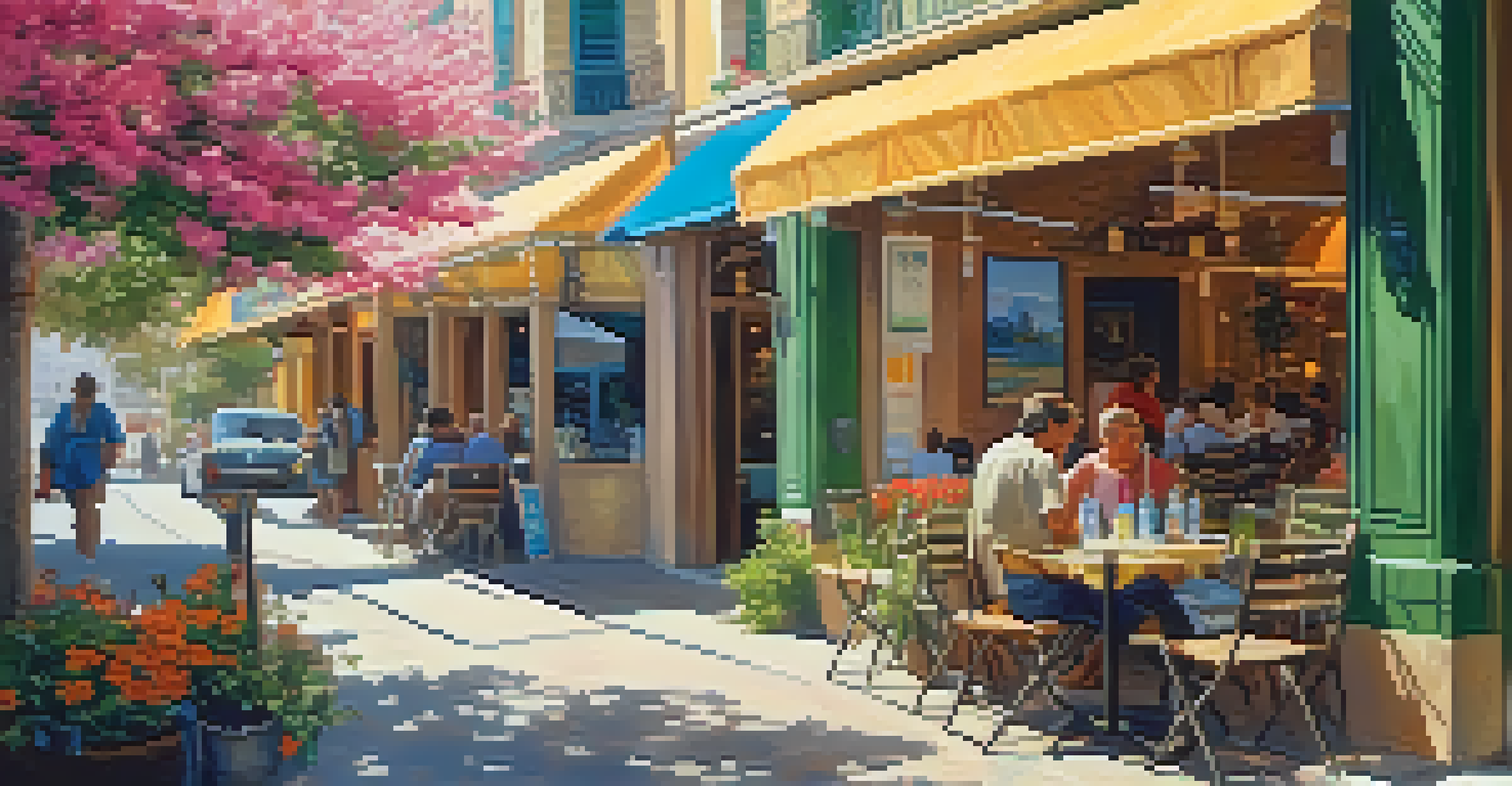 A traveler sitting at a café, enjoying a fresh meal and sipping bottled water, with colorful flowers and patrons in the background.