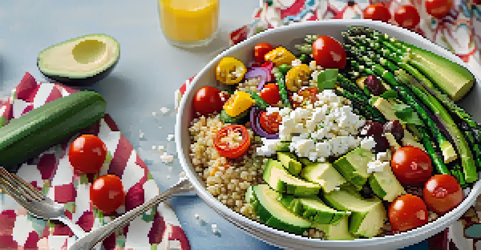A vibrant grain bowl with quinoa and roasted vegetables, garnished with avocado and feta cheese, set on a colorful tablecloth.