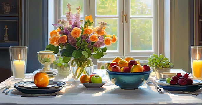 A dining table set with a colorful plate of fruits, candles, and flowers, bathed in soft natural light.