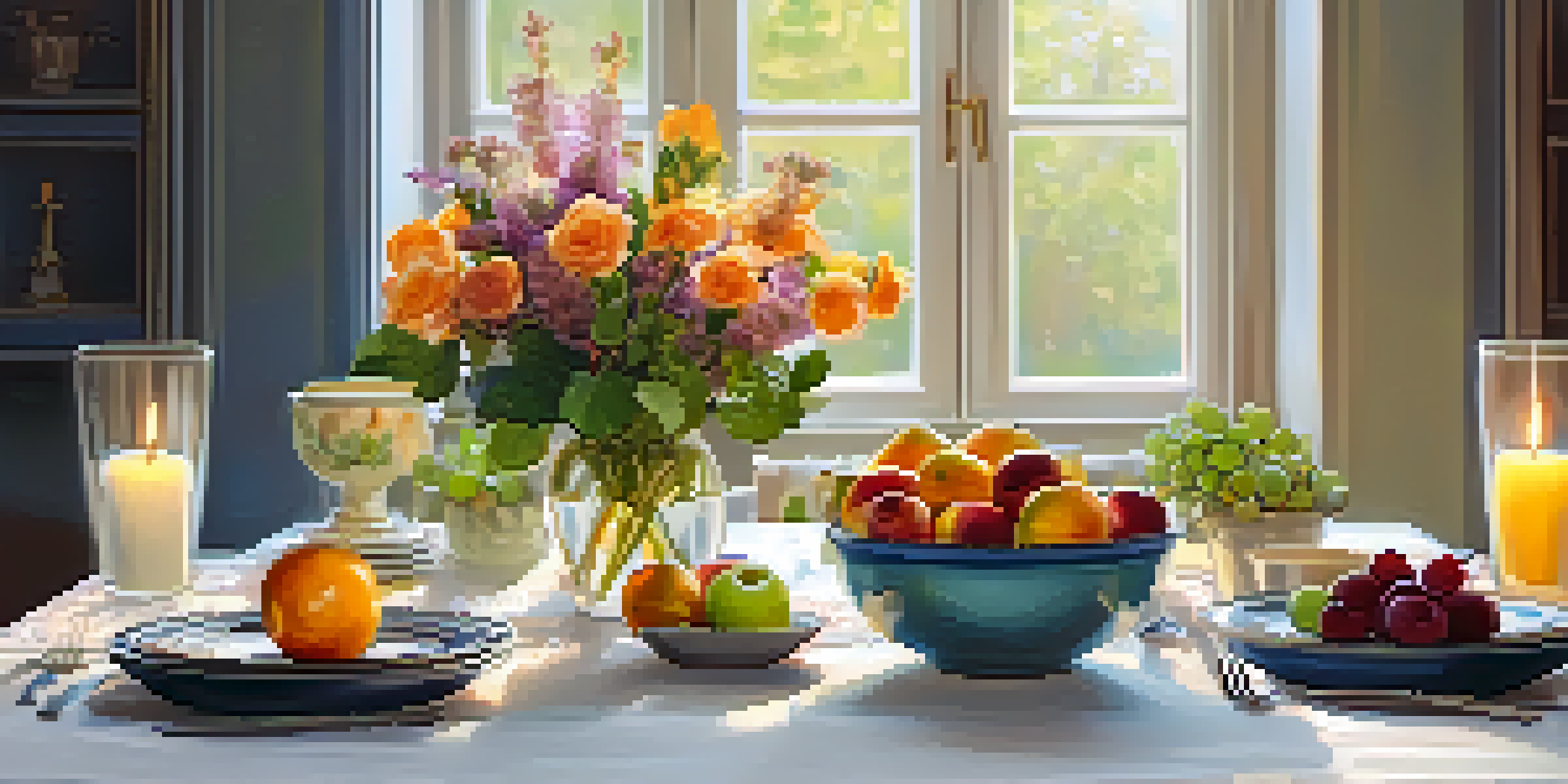 A dining table set with a colorful plate of fruits, candles, and flowers, bathed in soft natural light.