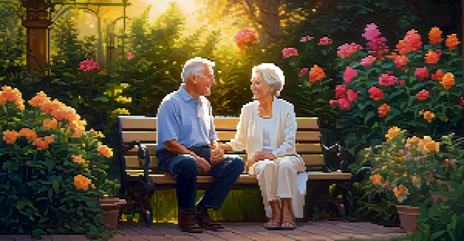 An elderly couple sitting together on a bench in their garden during sunset, surrounded by colorful flowers and greenery, radiating warmth and connection.