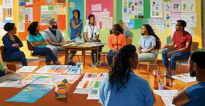 A diverse group of individuals participating in a health literacy workshop, discussing health materials around a table.